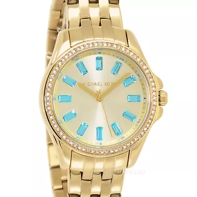 Michael Kors Mini Pilot Pave Womens Aqua Baguette Watch Gold Dial Glitz Crystals • $111.93