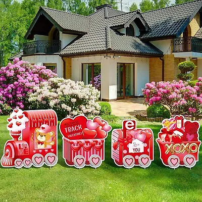 $27.99 • Buy Valentine S Day Love Heart Bear Yard Signs Stakes Train Outdoor Decorations 4PCS
