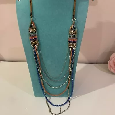 Vintage Hippie Boho Genuine Gemstones & Chains Long Necklace With Leather Cord • $19.99