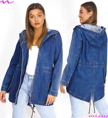 NEW Womens WASHED DENIM PARKA Coat Jacket HOODED Ladies Jean Blues Size 8-16 • £20.26