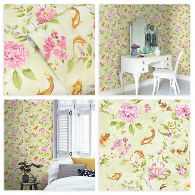 £11.99 • Buy Lime & Pink, Koi Carp & Water Lilies, Paste The Wall Wallpaper