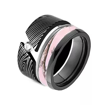 Damascus Steel Plated Pink Camo Titanium Black Wedding Band Ring Set Mokume Gane • $34.99