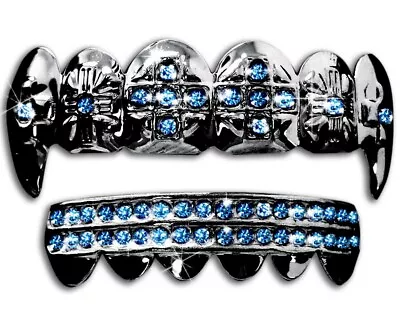 Hip Hop Black Gun Metal Mouth Teeth Grillz Set Blue Stone Cross Fangs + Mold Kit • $10.99