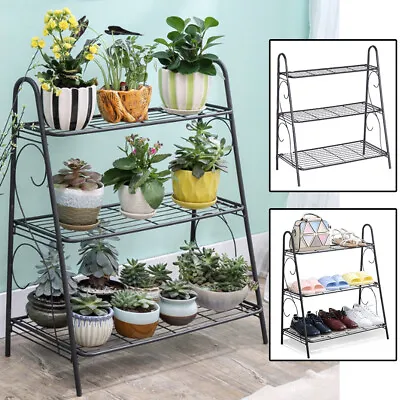 3 Tier Metal Ladder Shelf Plant Pot Stand In/Outdoor Garden Flower Display Rack • £15.94