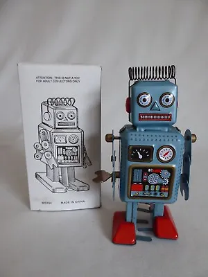 Vintage Blue Robot Wind Up Walking Tin Toy With Wind Up Key (new In Box) • $32