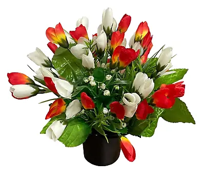 Artificial Flowers Memorial Grave Pot. Orange & White Tulips With Gyp 014 • £13.50