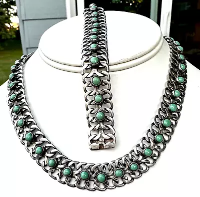 $127.50 • Buy Vtg Signed TNC Mexico City Sterling Silver Turquoise Cabochon Necklace Bracelet