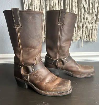 Womens Frye Harness Motorcycle Sq Toe Dark Brown Boots Size 8 M • $110
