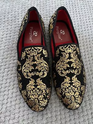 FERUCCI Men Black Fabric Slippers Loafers Flat With Gold Printing Handmade Shoes • $45