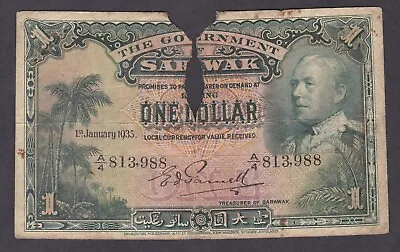 [CIR Damage] 1929 Sarawak 1 Dollar P-14 A/4-813988 [003-2] • $150