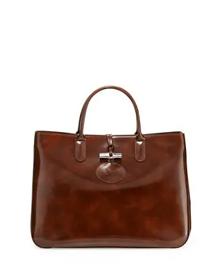 Longchamp Roseau Box Large Wood Brown Patent Leather Tote Bag Bamboo Toggle NWOT • $280