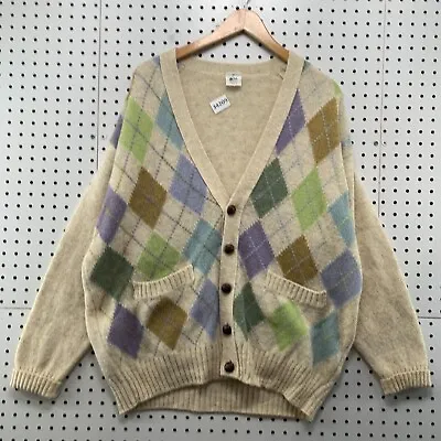 100% Shetland Wool Cardigan Sweater Mens Large Beige Argyle Button 25x28.5 • $33.99