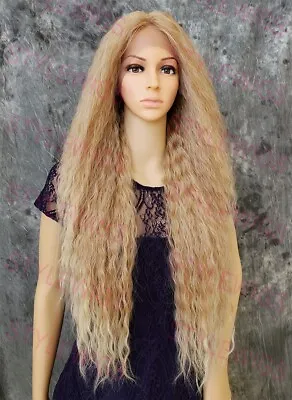 Light Blonde Ombre Extra Long Full Wavy Lace Front Human Hair Blend Wig EVFB • $86.85