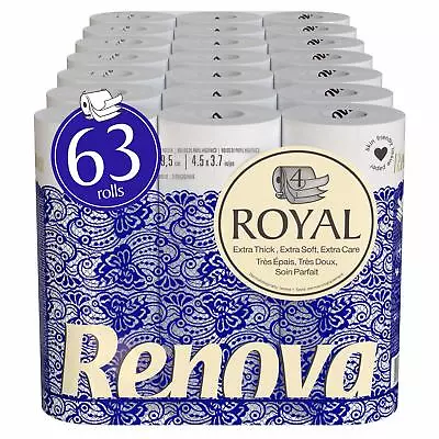 Renova Royal 63 Rolls - 4 Ply Soft Luxury White Toilet Paper Tissue Rolls • £27.99