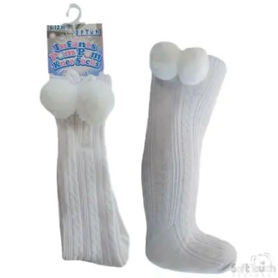 Baby Pom Pom Socks Knee Spanish Romany Cable Ribbed Soft Touch 0-12 10 Colours • £3.95