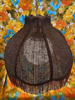 70’s Brown Wicker Hanging Lamp W/Tulip Shade Fringe Edge Swag White Globe Light • $200