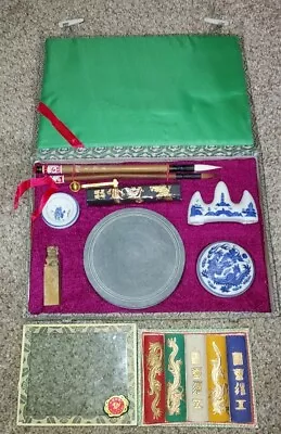 Vintage Chinese Calligraphy Set Old Writing Box Kit - Brushes Ink Stamp • $30