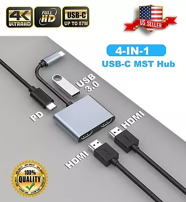 4-in-1 MST Hub With USB-C To 2*HDMI/USB 3.0/PD87W For MacBook Android LG Samsung • $17.05