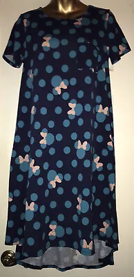 LULAROE Carly Dress Disney Minnie Mouse Blue Polka Dot Bows Size XSmall • $10.99