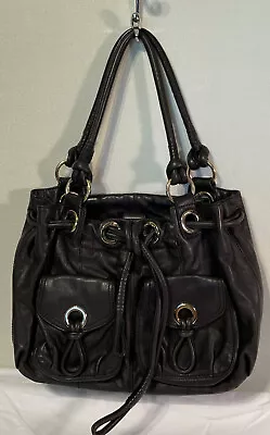 Michael Kors Black Leather W/Gold Rings Drawstring Purse Handbag Tote • $44.98
