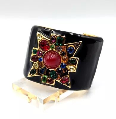 Vintage Kenneth Jay Lane KJL Maltese Cross Black Enamel Rhinestone Cuff Bracelet • $270