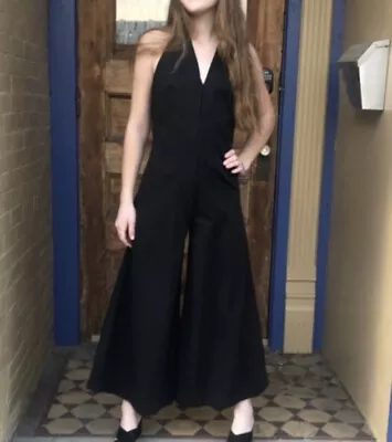 Vintage 70s Polyester Halter Jumpsuit Flare Leg Black XS/S • $39