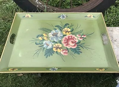 Large Tray Metal Green Flower Pattern 1 3/4” Raised Edges Deco Two Handle • £38.60