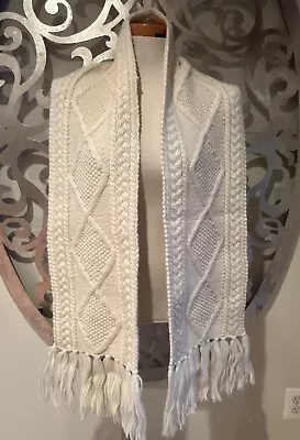 Aran Crafts Ivory Scarf 100% Merino Wool Irish Cable Knit Fringe • $29.99