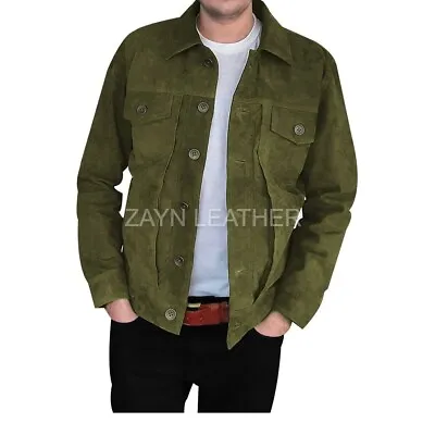 Men's Soft Goatskin 100% Suede Leather Olive Green Trucker Jacket Sports Coat • $102.39