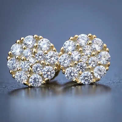 14K Gold Plated Hip Hop Round Mens Sterling Silver Cluster Cz Stud Earrings • $23.99