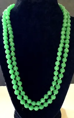 Antique 1920s PEKING Glass Green Bead (2) Double Strand Necklace On Silk Knotted • $85