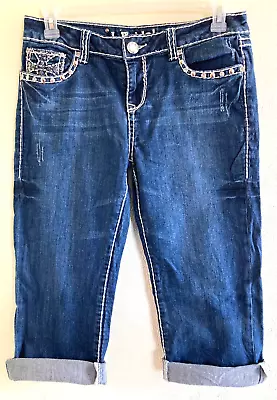 L.A. Idol Capri Cropped Blue Jeans Rhinestones Flap Pockets Jr's Size 11 (33x18) • $14.99