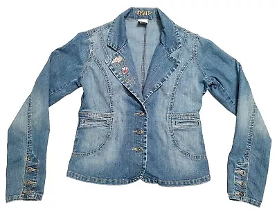 VTG YMI SzM Denim Blazer Blue Jean Jacket Embroidered Studded Lapel Slit Pockets • $55