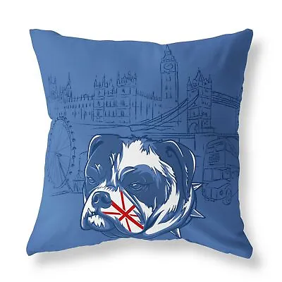 British Bulldog London Landmarks FILLED CUSHION Zip Designer Blue • £20.99