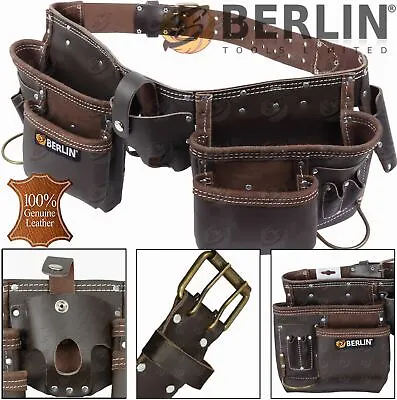 BERLIN Oil Tanned Leather Tool Belt Work Pouch Builders Nail Bag Work Apron 11pk • £29.95