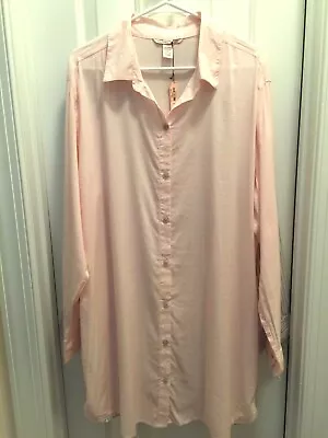 Victorias Secret Cozy Sleep Shirt M Pink Solid Long Sleeve Button Front Light • $40.99