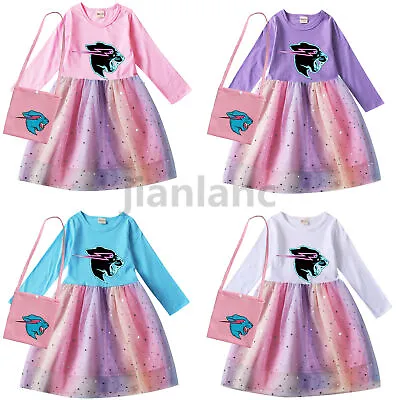 Girls Mr Beast Lightning Cat Cosplay Long Sleeve Sequin Party Fancy Up Dress+Bag • £15.23