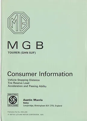 MGB Tourer Consumer Information Supplement 1975 AKM 3288 • $7.46
