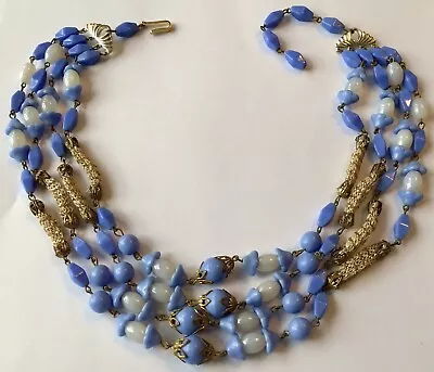 Vintage Crown Trifari Blue Glass Bead 3 Strand Necklace • $15.50