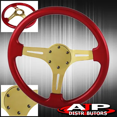 Universal 350mm 6 Bolt Metallic Red Steering Wheel 1.75  Deep Dish + Gold Plate • $52.99