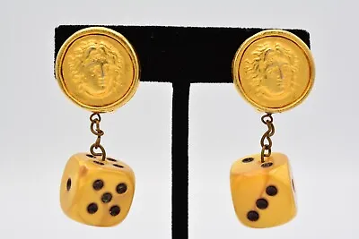 Vintage Clip Earrings Dangle Dice Brushed Gold Coin Greek Roman Chunky 1980s 9D • $35.96