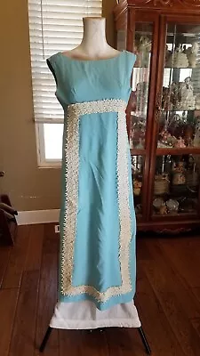 Vintage Blue 1960s-70s Handmade Sleeveless Blue Maxi Dress W/ Lace Small • $14