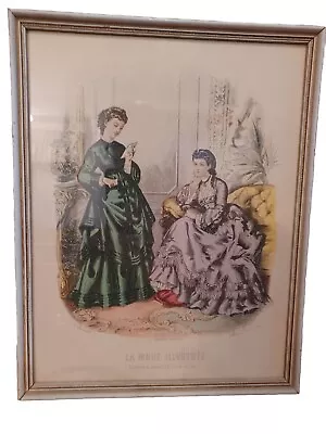 ANTIQUE Circa 1860s FASHION PRINT FROM LA MODE ILLUSTREE PARIS FRAMED • $18.99