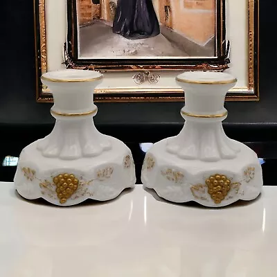 Westmoreland Milk Glass Paneled Grape Skirted Gold Accents Candle Holders Pair • $19