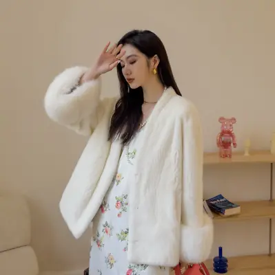 Womens Imitation Mink Fur Coat Korean Fashion Slim V-neck Jackets Overcoat Parka • $157.26