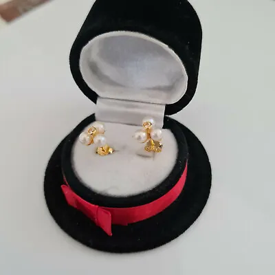 £15.99 • Buy Akoya Pearl & Zircon Stud Earrings In 14k Gold Over Sterling Silver