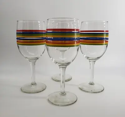 Vintage Libby Fiesta Ware Wine Goblet Set Of 4 Stripes Vibrant Color • $36