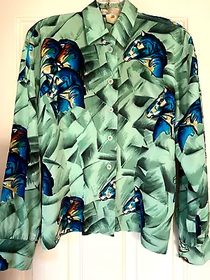 Escada Vintage Silk Blouse In Shades Of Green Horse Print In Blue Fitted 36  6-8 • $65.68