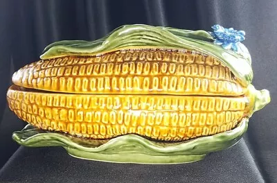 Vintage Majolica Covered Corn Cob Butter Dish With Blue Cornflower EVC • $98