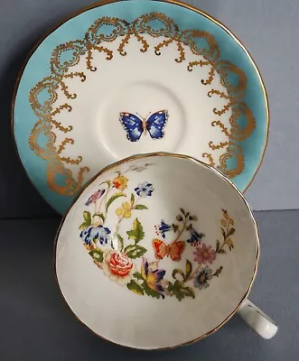 Vintage Aynsley Cottage Garden Turquoise Cup And Butterfly Saucer [18d] • £27.50